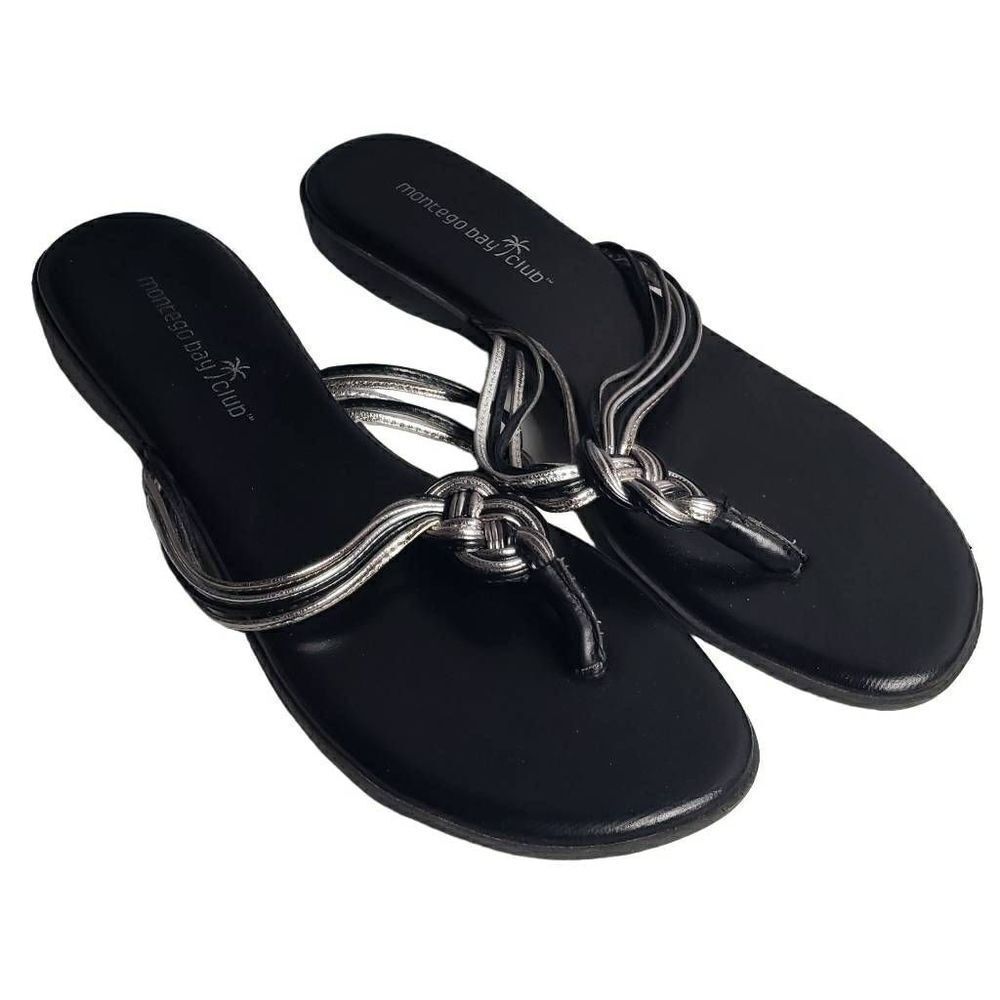 Montego Bay Club Black and Silver Sandals Flip Flops‎